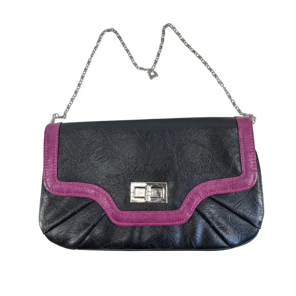 Vintage Black faux Leather Shoulder Bag Pink Trim Y2K Retro Baguette Purse - Picture 2 of 9